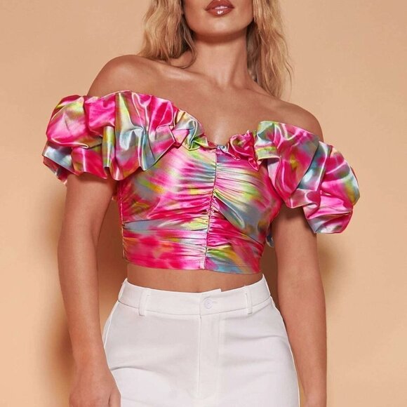 Pink Boho Womens Off Shoulder Ruffle Trim Ruched Bustier Crop Top - Picture 1 of 5